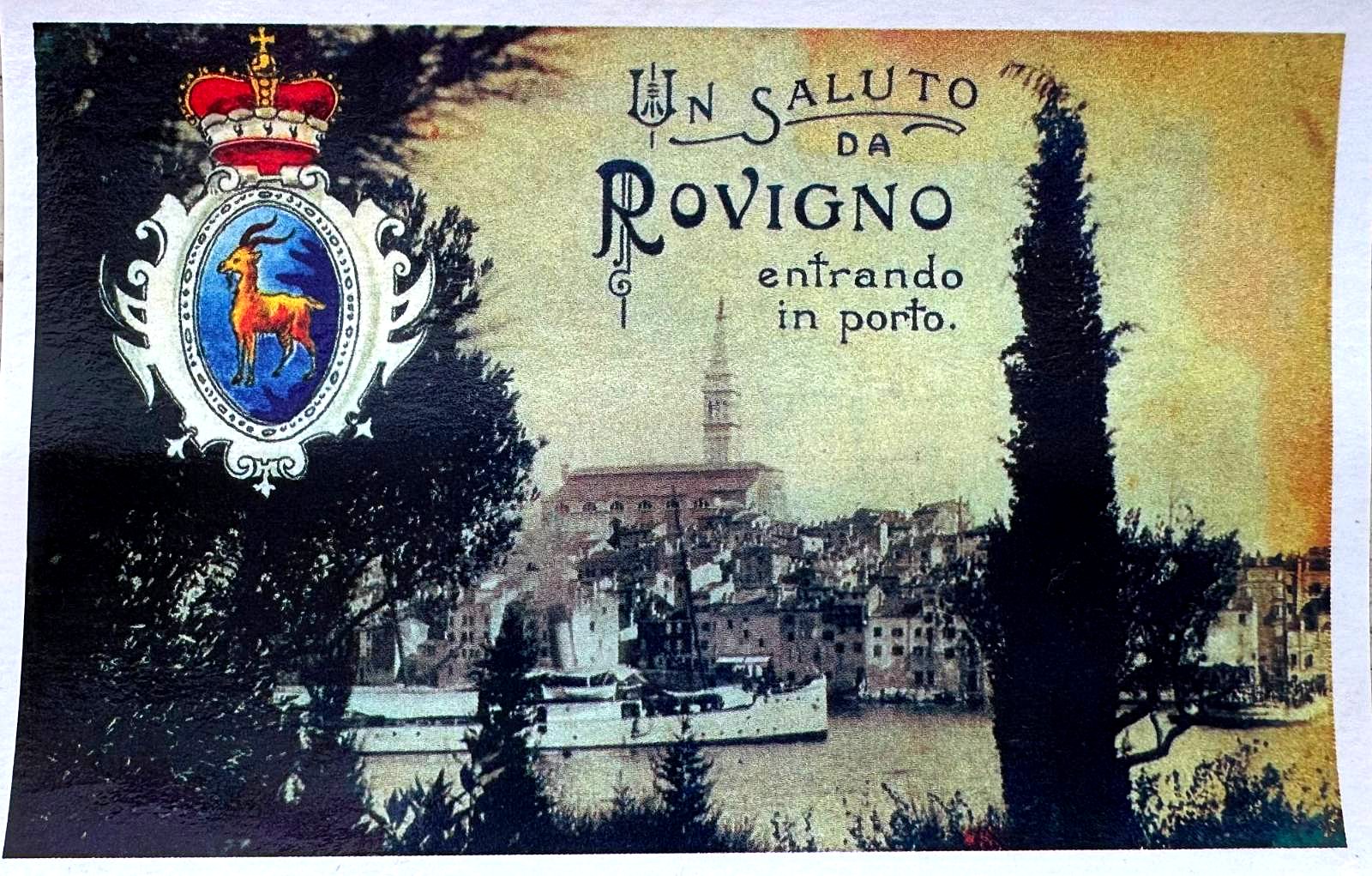 Vintage colourised postcard of Rovinj's harbour, titled Un Saluto da Rovigno