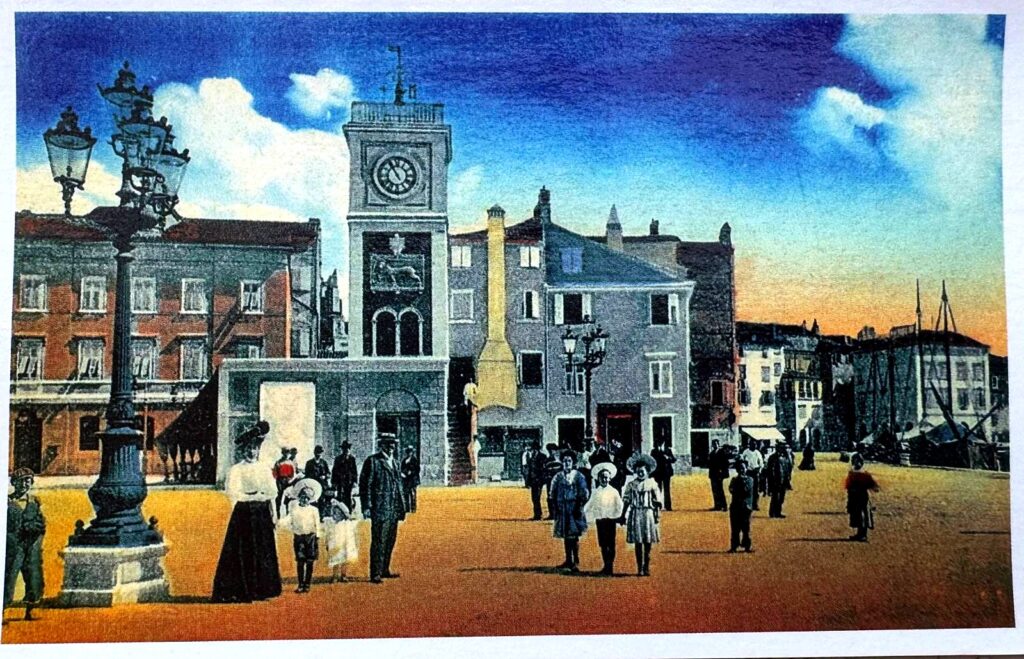 Historic postcard of Rovinj's old town square and clock tower