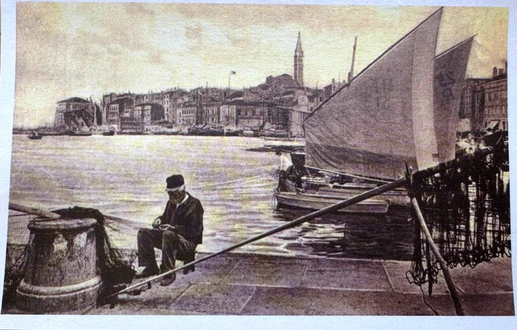 Antique postcard of a fisherman on Rovinj's old harbor