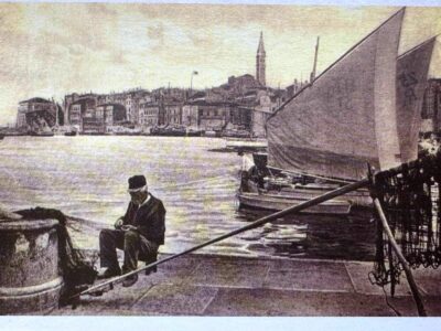 Cartolina antica di un pescatore nel vecchio porto di Rovigno