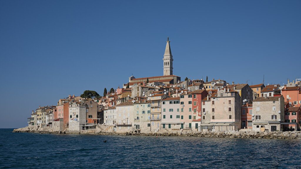Skyline of Rovinj's old town with St. Euphemia's bell tower, Istria, Croatia